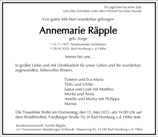 Traueranzeige von Annemarie Räpple von Frankfurter Allgemeine Zeitung