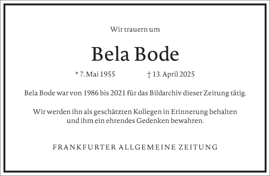 Traueranzeige von Bela Bode von Frankfurter Allgemeine Zeitung