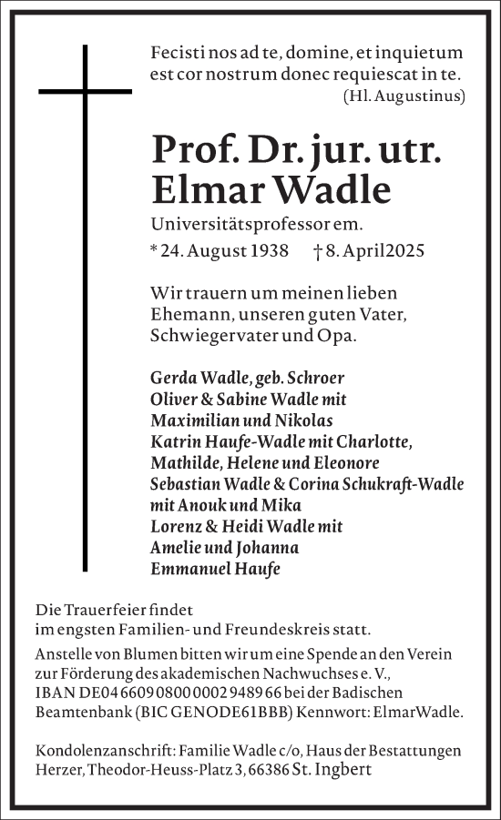 Traueranzeige von Elmar Wadle 