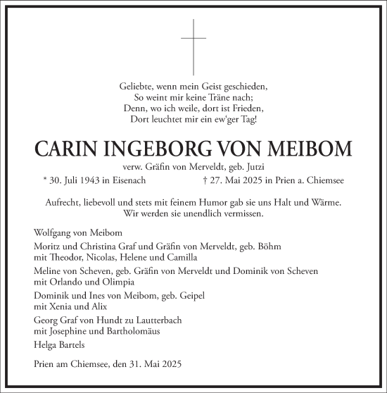 Traueranzeige von Carin Ingeborg von Meibom von Frankfurter Allgemeine Zeitung
