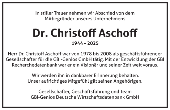 Traueranzeige von Christoff Aschoff von Frankfurter Allgemeine Zeitung