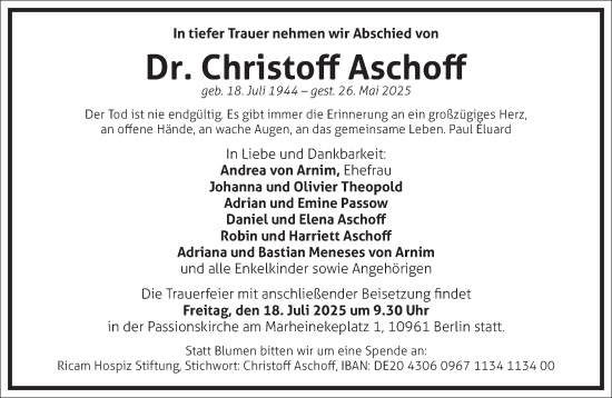 Traueranzeige von Christoff Aschoff von Frankfurter Allgemeine Zeitung
