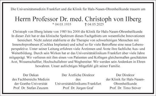 Traueranzeige von Christoph von Ilberg von Frankfurter Allgemeine Zeitung