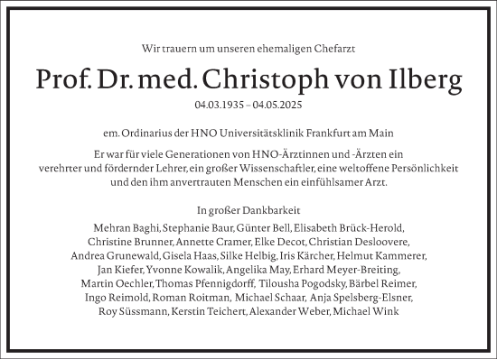 Traueranzeige von Christoph von Ilberg von Frankfurter Allgemeine Zeitung