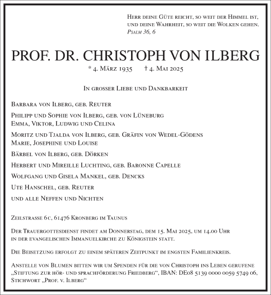 Traueranzeige von Christoph von Ilberg von Frankfurter Allgemeine Zeitung
