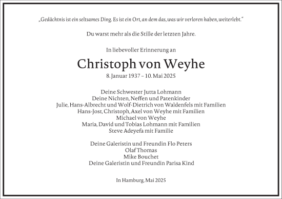 Traueranzeige von Christoph von Weyhe von Frankfurter Allgemeine Zeitung