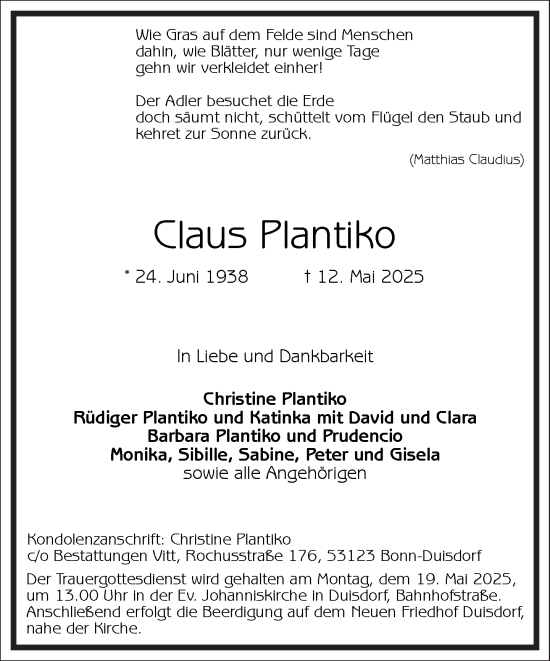 Traueranzeige von Claus Plantiko von Frankfurter Allgemeine Zeitung