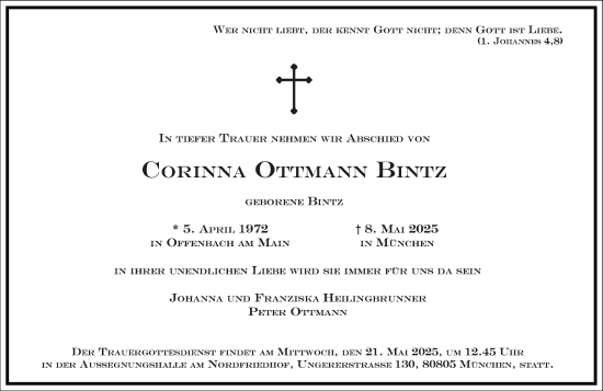 Traueranzeige von Corinna Ottmann Bintz von Frankfurter Allgemeine Zeitung