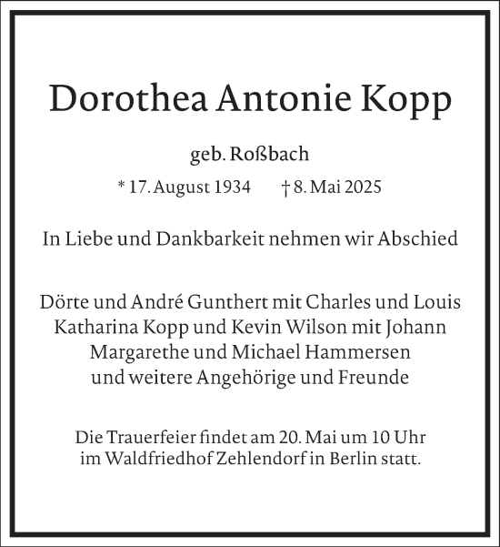 Traueranzeige von Dorothea Kopp von Frankfurter Allgemeine Zeitung