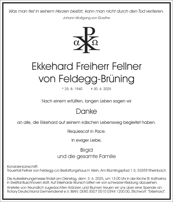 Traueranzeige von Ekkehard Freiherr Fellner von Feldegg-Brüning von Frankfurter Allgemeine Zeitung