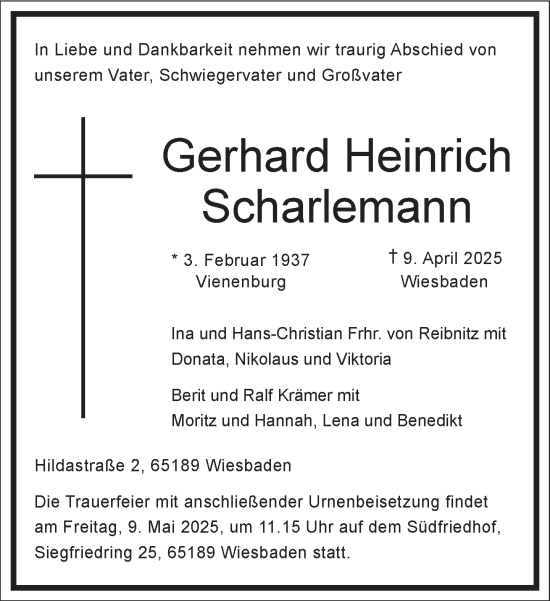 Traueranzeige von Gerhard Heinrich Scharlemann von Frankfurter Allgemeine Zeitung