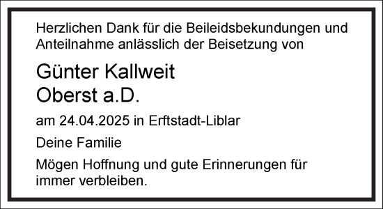Traueranzeige von Günter Kallweit von Frankfurter Allgemeine Zeitung