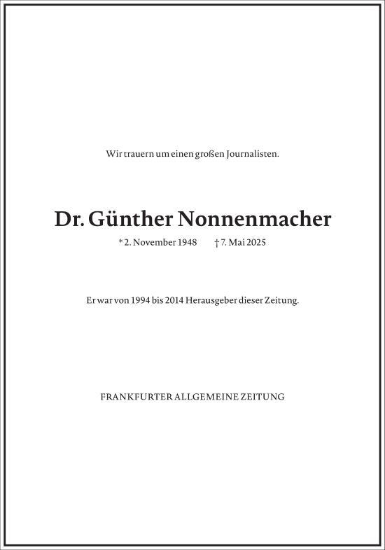Traueranzeige von Günther Nonnenmacher von Frankfurter Allgemeine Zeitung