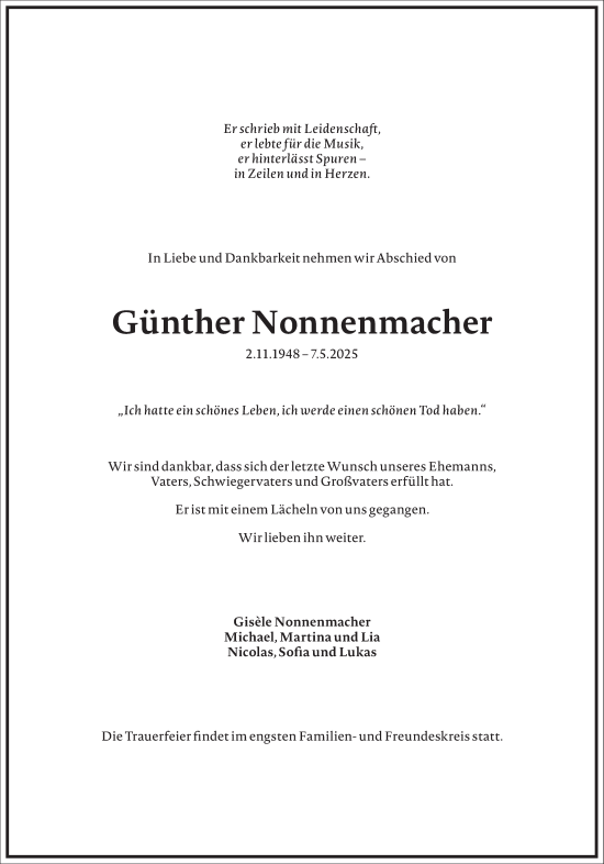 Traueranzeige von Günther Nonnenmacher von Frankfurter Allgemeine Zeitung
