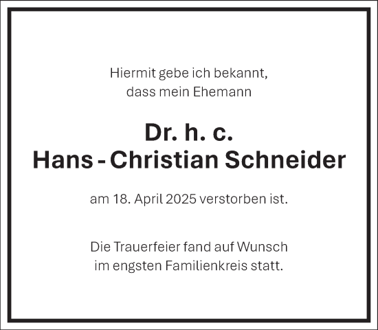 Traueranzeige von Hans - Christian Schneider Schneider von Frankfurter Allgemeine Zeitung