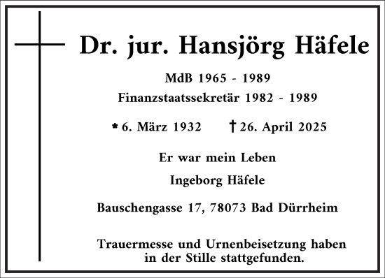 Traueranzeige von Hansjörg Häfele von Frankfurter Allgemeine Zeitung