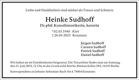 Traueranzeige von Heinke Sudhoff von Frankfurter Allgemeine Zeitung