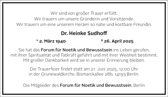 Traueranzeige von Heinke Sudhoff von Frankfurter Allgemeine Zeitung