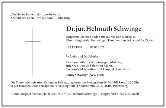 Traueranzeige von Helmuth Schwinge von Frankfurter Allgemeine Zeitung