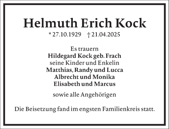 Traueranzeige von Helmuth Erich Kock von Frankfurter Allgemeine Zeitung