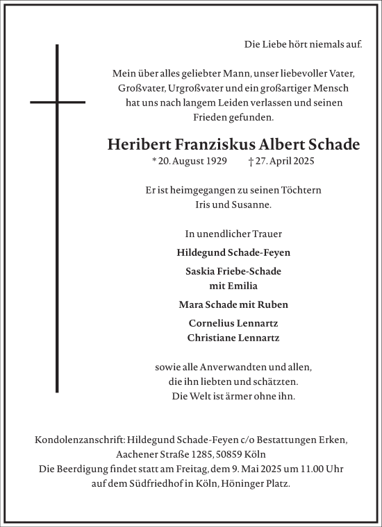 Traueranzeige von Heribert Franziskus Albert Schade von Frankfurter Allgemeine Zeitung
