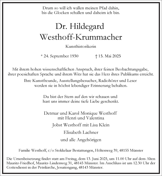 Traueranzeige von Hildegard Westhoff-Krummacher von Frankfurter Allgemeine Zeitung