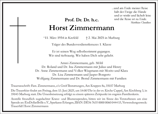 Traueranzeige von Horst Zimmermann von Frankfurter Allgemeine Zeitung