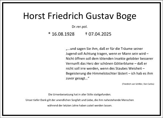 Traueranzeige von Horst Friedrich Gustav Boge von Frankfurter Allgemeine Zeitung