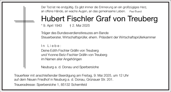 Traueranzeige von Hubert Fischler Graf von Treuberg von Frankfurter Allgemeine Zeitung