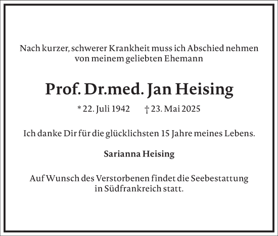 Traueranzeige von Jan Heising von Frankfurter Allgemeine Zeitung