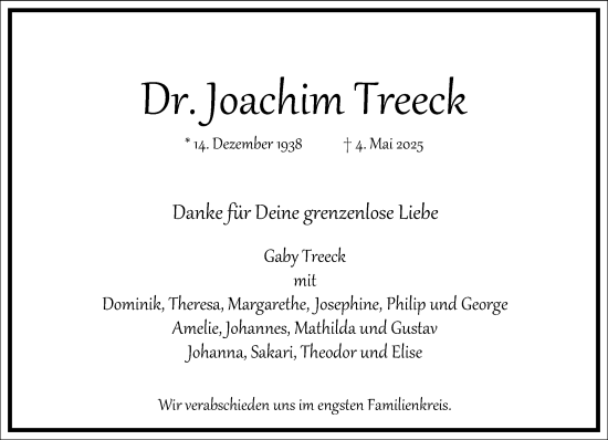 Traueranzeige von Joachim Treeck von Frankfurter Allgemeine Zeitung