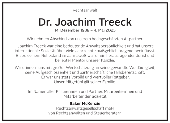 Traueranzeige von Joachim Treeck von Frankfurter Allgemeine Zeitung