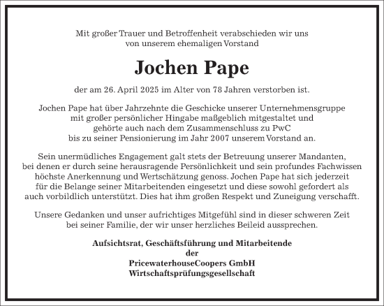 Traueranzeige von Jochen Pape von Frankfurter Allgemeine Zeitung