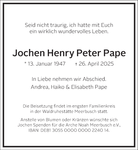 Traueranzeige von Jochen Henry Peter Pape von Frankfurter Allgemeine Zeitung