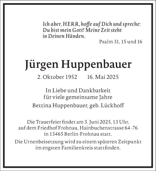 Traueranzeige von Jürgen Huppenbauer von Frankfurter Allgemeine Zeitung