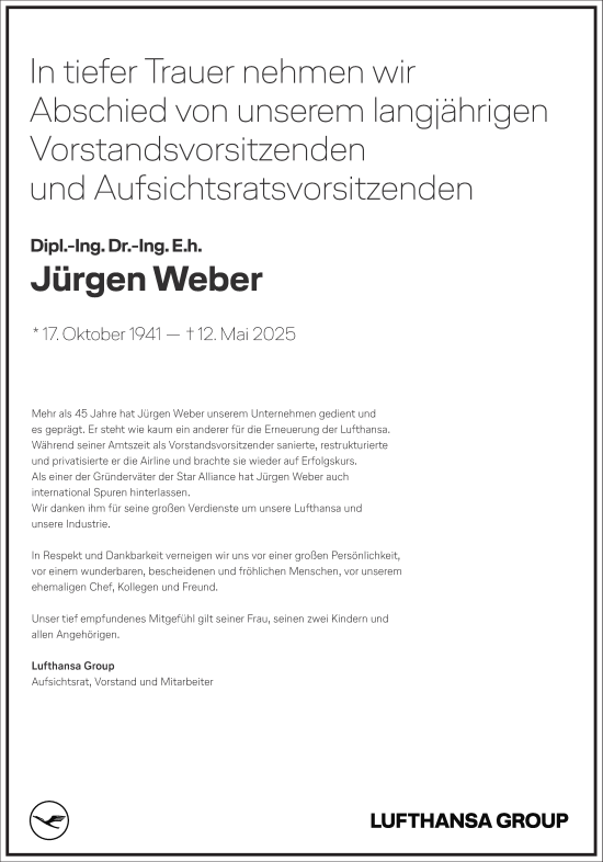 Traueranzeige von Jürgen Weber von Frankfurter Allgemeine Zeitung
