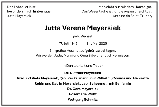 Traueranzeige von Jutta Verena Meyersiek von Frankfurter Allgemeine Zeitung