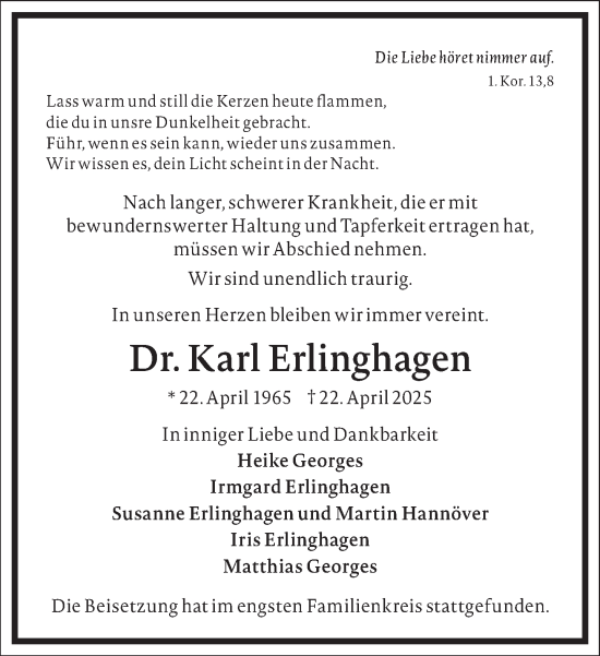 Traueranzeige von Karl Erlinghagen von Frankfurter Allgemeine Zeitung