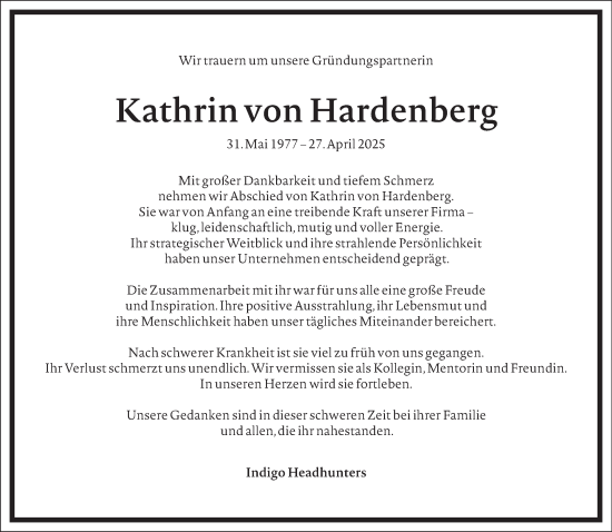 Traueranzeige von Kathrin von Hardenberg von Frankfurter Allgemeine Zeitung
