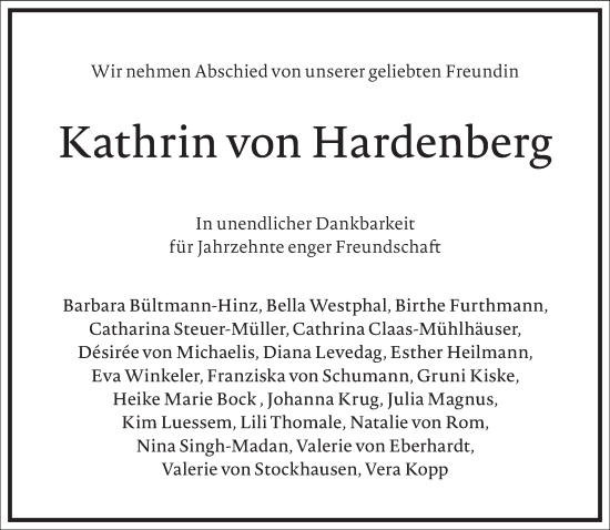 Traueranzeige von Kathrin von Hardenberg von Frankfurter Allgemeine Zeitung