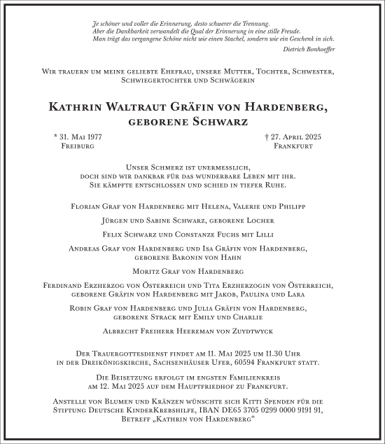 Traueranzeige von Kathrin Waltraut Gräfin von Hardenberg von Frankfurter Allgemeine Zeitung