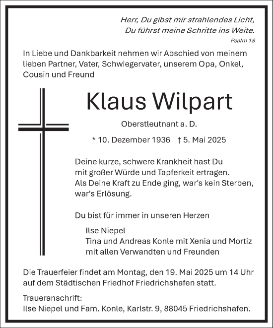 Traueranzeige von Klaus Wilpart von Frankfurter Allgemeine Zeitung