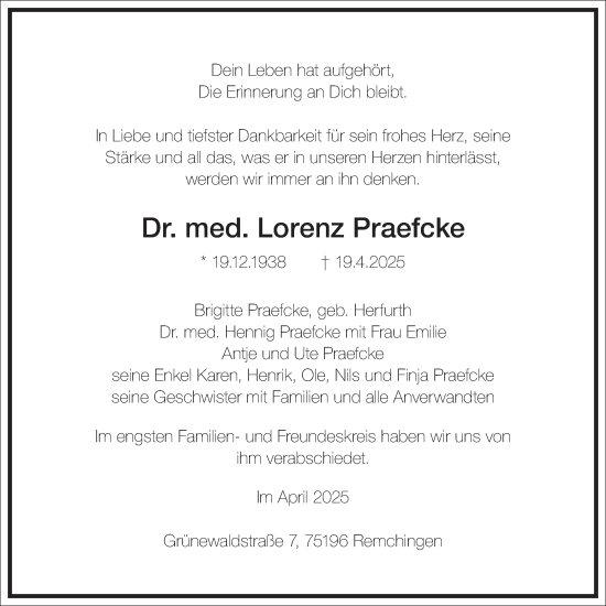 Traueranzeige von Lorenz Praefcke von Frankfurter Allgemeine Zeitung