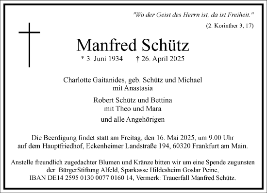 Traueranzeige von Manfred Schütz von Frankfurter Allgemeine Zeitung