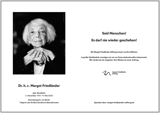 Traueranzeige von Margot Friedländer von Frankfurter Allgemeine Zeitung