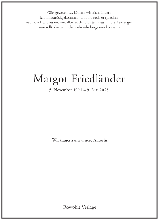 Traueranzeige von Margot Friedländer von Frankfurter Allgemeine Zeitung