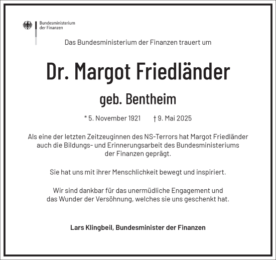 Traueranzeige von Margot Friedländer von Frankfurter Allgemeine Zeitung