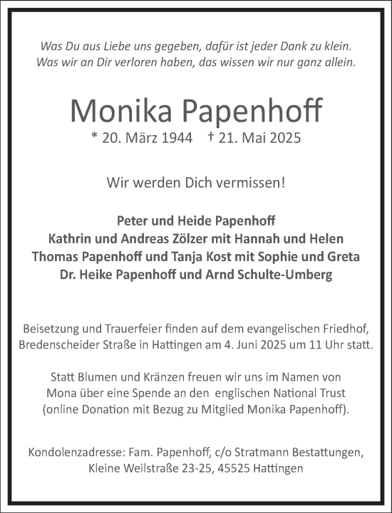 Traueranzeige von Monika Papenhoff von Frankfurter Allgemeine Zeitung