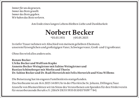 Traueranzeige von Norbert Becker von Frankfurter Allgemeine Zeitung