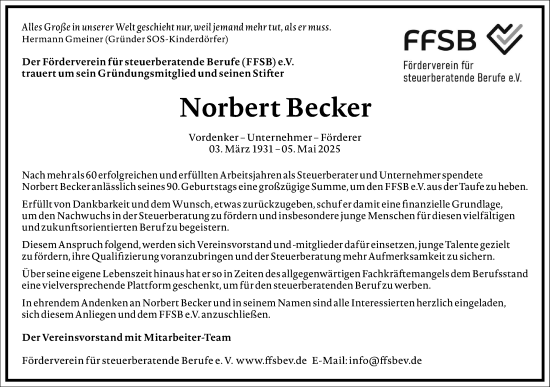 Traueranzeige von Norbert Becker von Frankfurter Allgemeine Zeitung